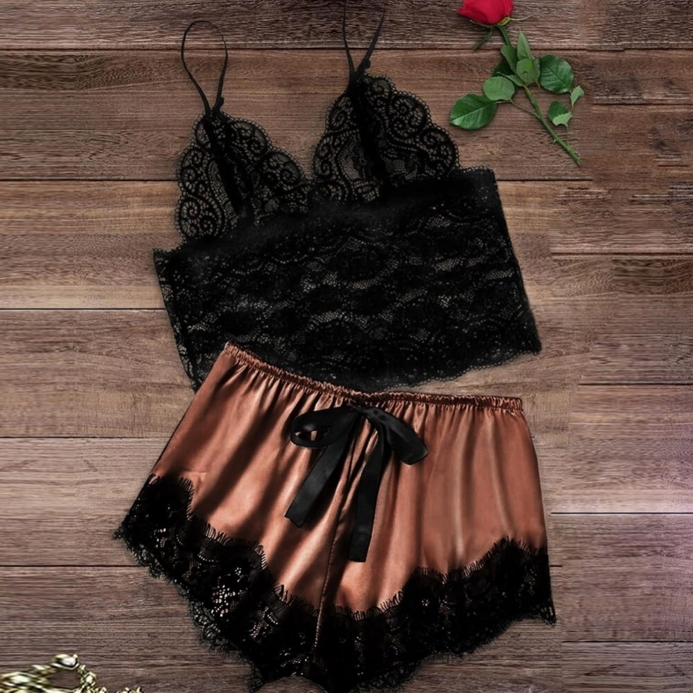 Elegant Black Lace Bralette and Bronze Satin Shorts Sleepwear PJ Set. Size 12.
